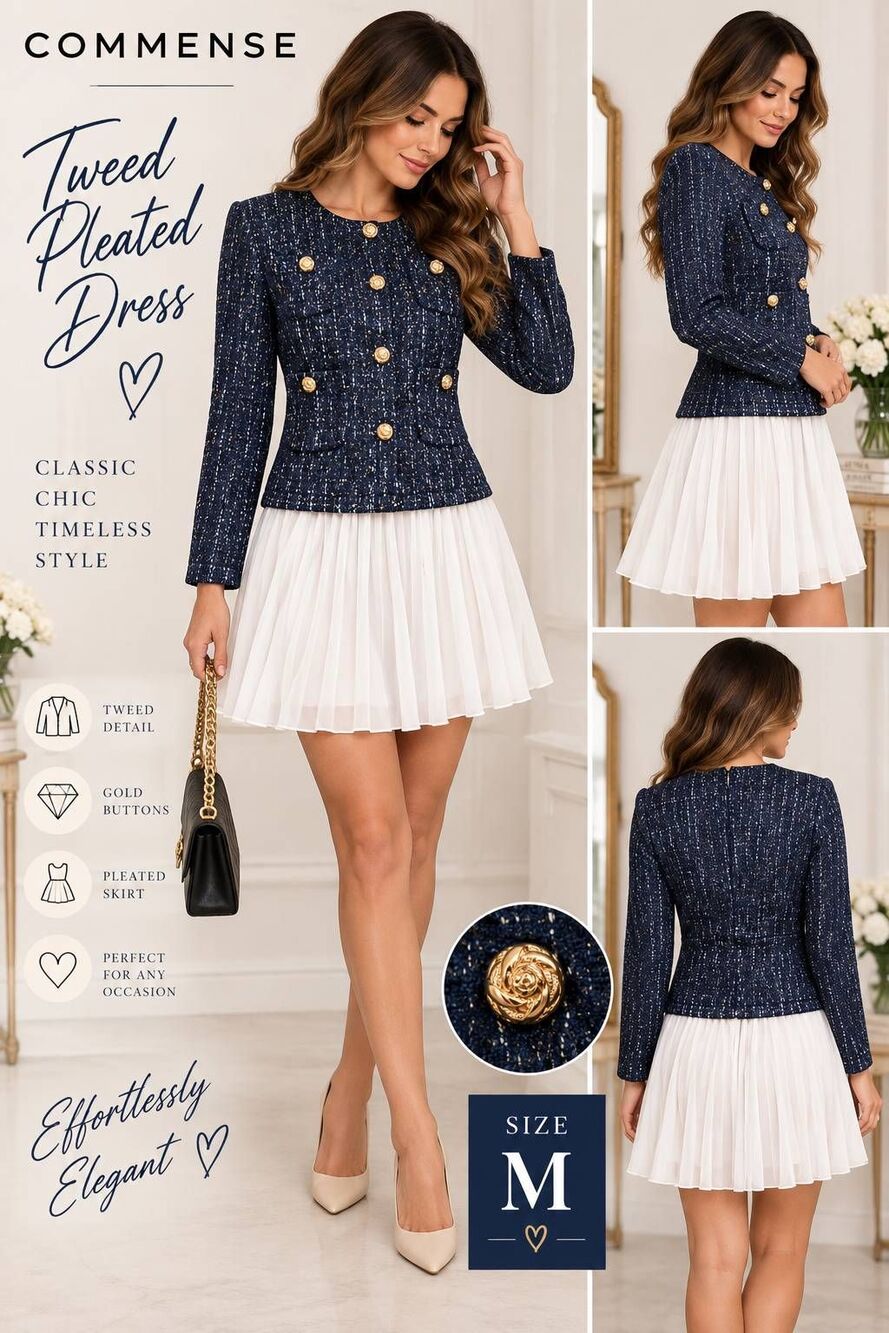 Commense Women’s M Navy Tweed Pleated Dress Gold Buttons Long Sleeve NWT